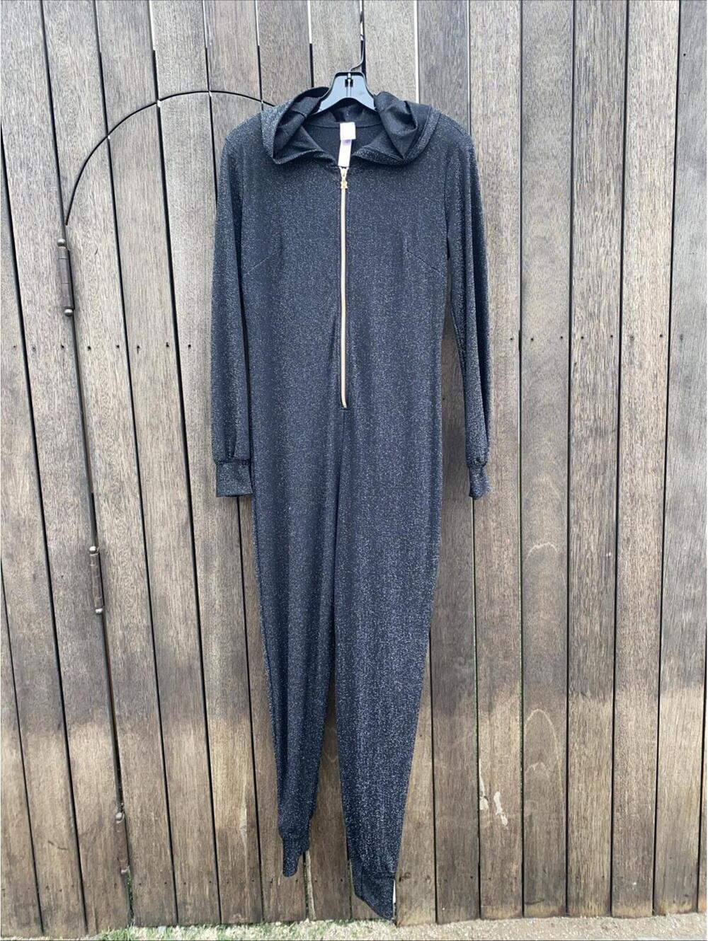 Savage X Fenty Sleep & Shine Hooded One Piece Black Metallic Glitter Small